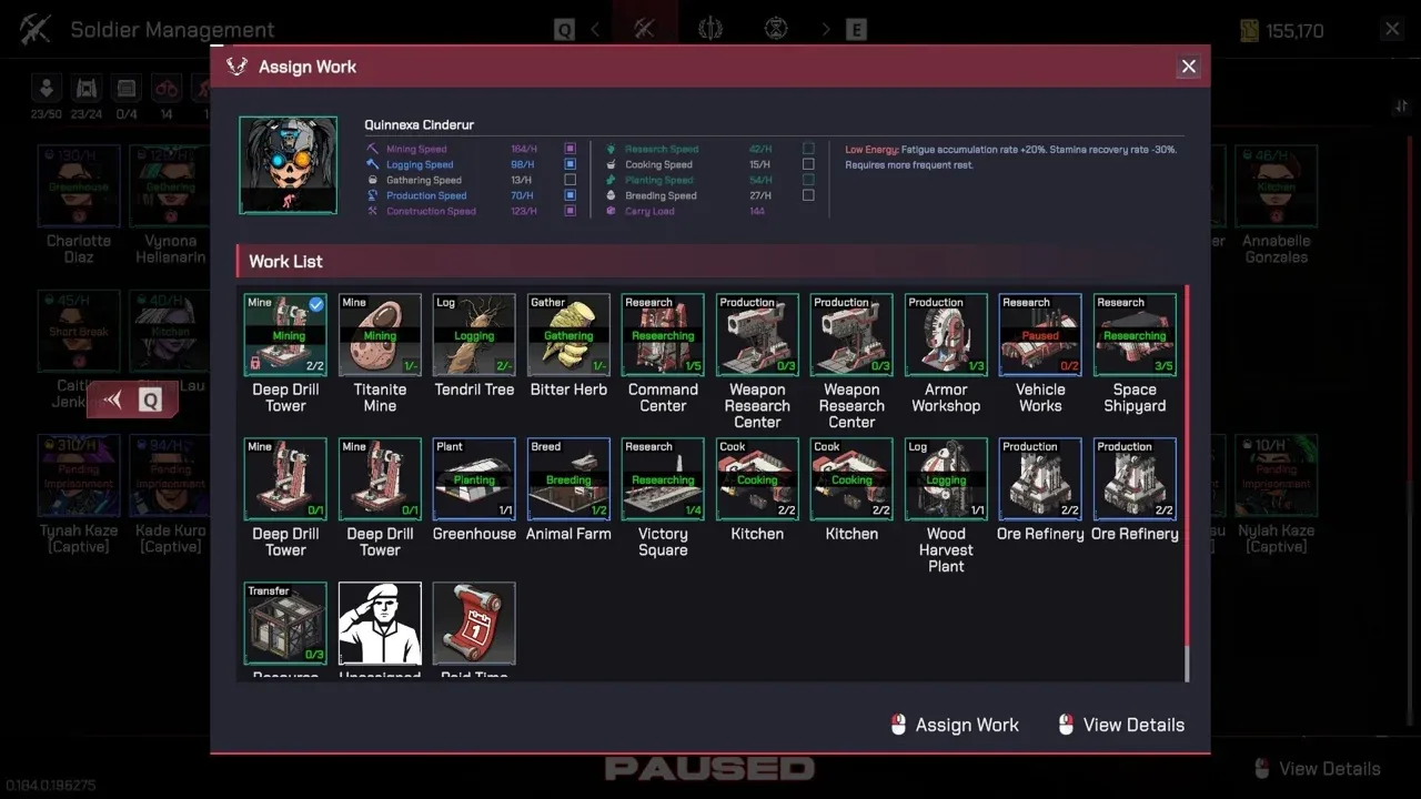 The Pax Autocratica work assignment screen listing colonists and their jobs