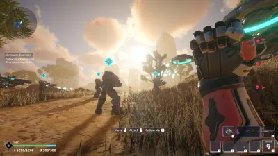 A Pax Autocratica colonist walking through a grassy alien field in the early game