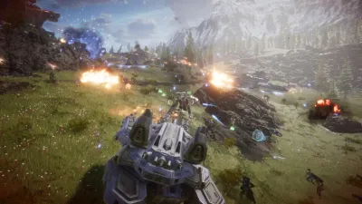 Pax Autocratica combat in a green field with an armoured mobile fortress