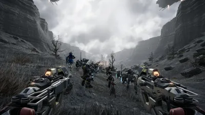 A Pax Autocratica squad of soldiers advancing together through fog