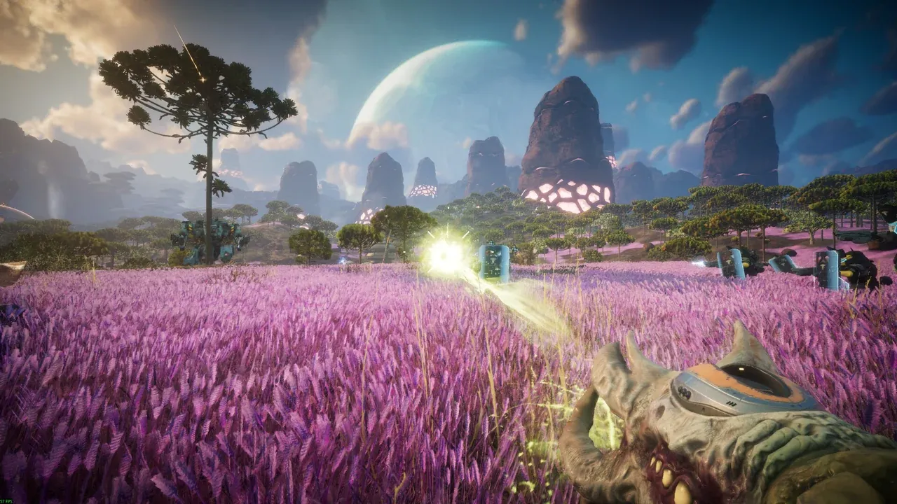 A Pax Autocratica purple flower field with a large alien creature