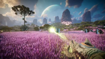 A Pax Autocratica purple flower field with a large alien creature