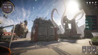 A Pax Autocratica settlement with a giant creature and buildings