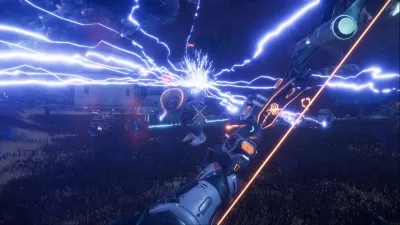 A Pax Autocratica soldier firing an energy weapon with arcing purple lightning