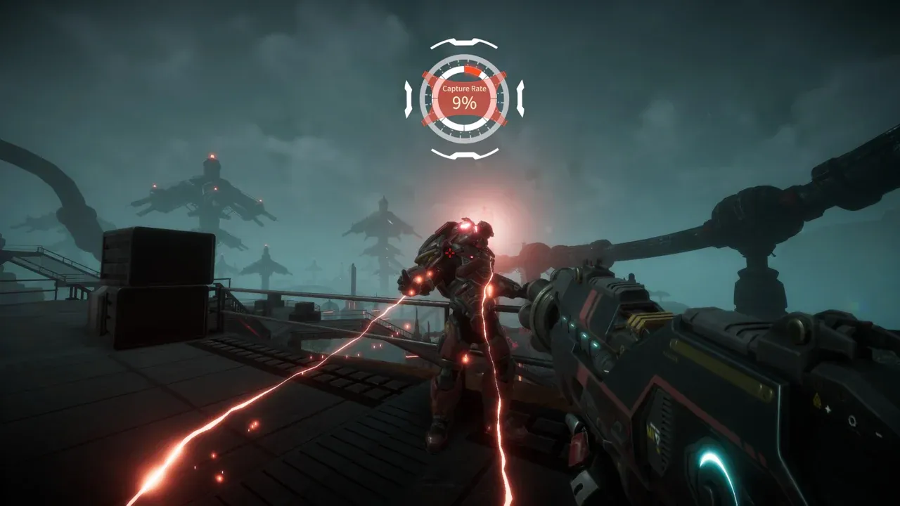 A Pax Autocratica soldier in a dark canyon among alien structures