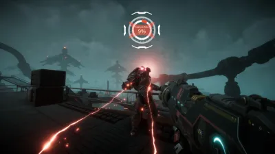A Pax Autocratica soldier in a dark canyon among alien structures